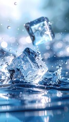 Obraz premium Dynamic close-up of an ice cube splashing into water with bright bokeh effects.
