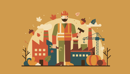Industrial worker holding tools among factories and autumn elements symbolizing fall labor manufacturing and construction © Business Solution