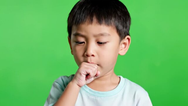 Close-up shot of a young East Asian boy looking downwards with his finger in his mouth, against a plain green background