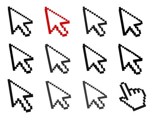 Assortment of mouse cursors with a single red and hand cursor