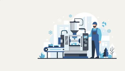 Factory worker operating industrial machinery for winter production Automated manufacturing concept