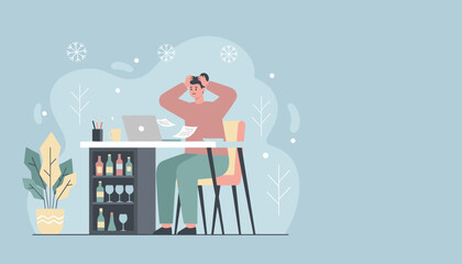 Frustrated worker stressed by paperwork and bills during the lonely winter season