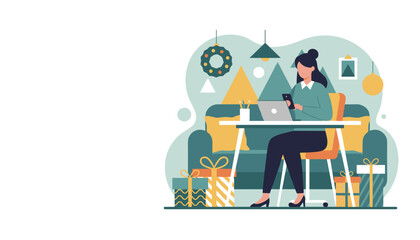 Woman working remotely at home office during the holidays surrounded by gifts
