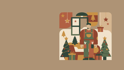 Tradesman in overalls standing among Christmas trees and gifts holding tools Festive service concept