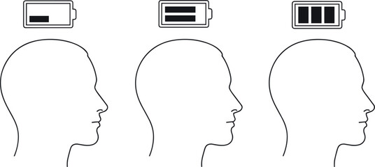 Set of minimalist line art icons showing human head profiles with battery charge levels representing mental energy fatigue burnout and brain power