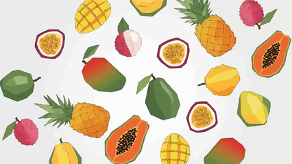 Assortment of Tropical Fruits Scattered Artistically on a White Background.