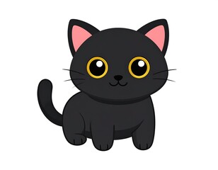 Obraz premium Adorable cartoon black kitten with big yellow eyes and pink ears