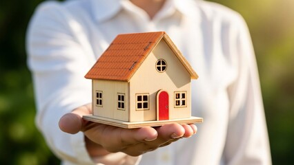 small wooden toy house held on person palm with blurred green garden background suggesting new home or property investment
