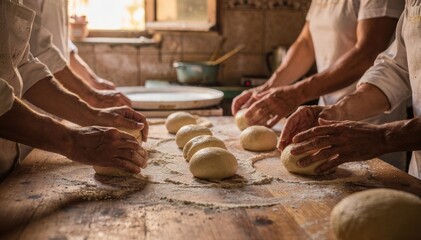 Medium shot of workers shaping uniform tortilla dough balls by hand on a wooden surface for traditional pressing in a local kitchen setting.