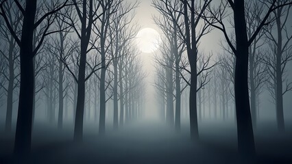 Mysterious moonlit forest with bare trees and fog