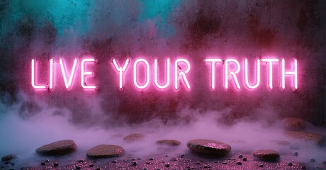 Naklejka premium Bright pink neon sign reads Live Your Truth. Stones rest within purple fog, dramatic lighting creates mood.