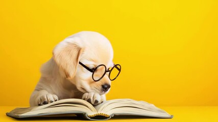 A playful golden retriever puppy in glasses interacts with an open book against a cheerful yellow backdrop, showcasing curiosity and intelligence - Powered by Adobe