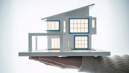 modern miniature house held on open hand with soft background suggesting new home ownership investment or real estate concept