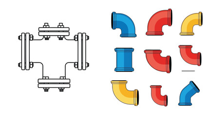 Technical illustration displaying various pipe fittings and a strainer component