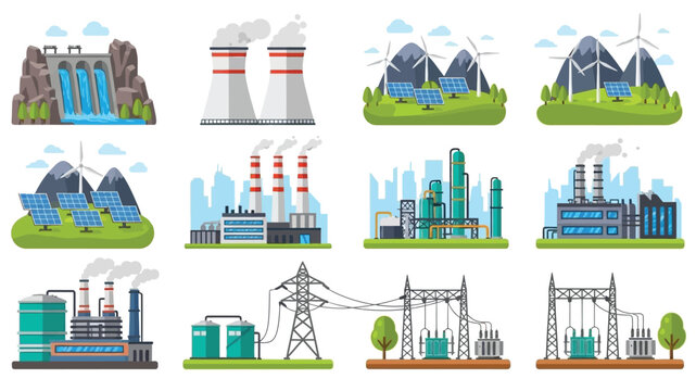 Diverse energy sources and infrastructure power plants wind turbines and solar panels