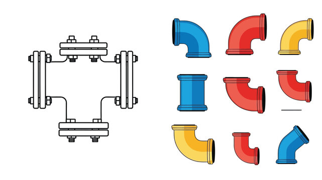 Technical illustration displaying various pipe fittings and a strainer component