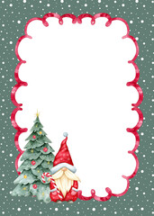 Christmas card with Wavy frame and Santa Gnome. Watercolor illustration for festive invitation.