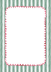 Watercolor red scalloped frame with green striped background. Hand drawn greeting card.