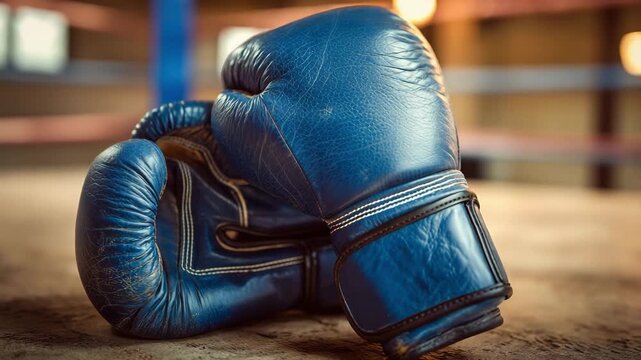 Boxing gloves rest on the ground in a training gym, showcasing the equipment used in skill development and practice