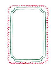 Simple green watercolor frame with scalloped red edges. Minimalist hand drawn illustration isolated on white background.