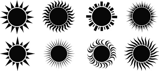 Black sun icon set, stylized solar symbols, abstract sun graphics, flame ray sun shapes, vector sun silhouettes, minimal sun design pack