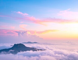 A serene vista of mountain peaks rising above a sea of clouds at sunrise or sunset.