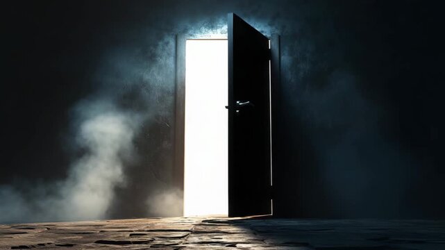A dark room features a wooden door opening, emitting a soft glow amidst swirling fog