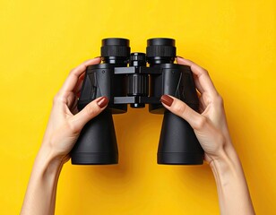 A person holds black binoculars against a vibrant yellow background.