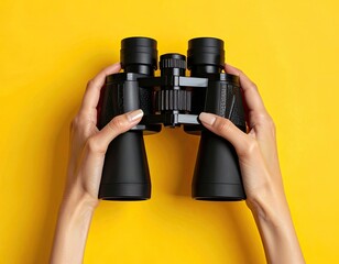 Hands holding black binoculars against a vibrant yellow background.
