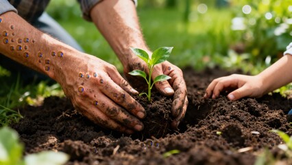 Adult and Child Hands Planting Tree Sapling