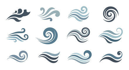 Collection of Stylized Water Wave Vector Graphics in Blue Tones.