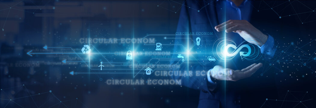 Circular Economy Consultant hands holding material flow Circular Econom resource optimization waste reduction product design network connections lifecycle analysis recovery reuse recycling. - Powered by Adobe