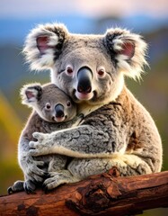 Obraz premium A heartwarming portrait of a mother koala lovingly embracing her joey on a tree branch.