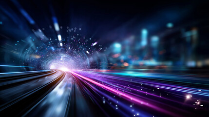 Speed light tunnel abstract background with motion blur effect, velocity visualization, fast data transfer, digital highway, futuristic corridor, dynamic perspective, neon trail li