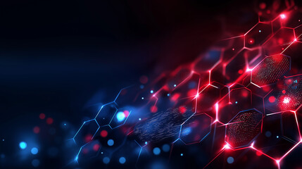 Abstract hexagon technology background with red and blue gradient, geometric pattern, digital interface design, futuristic network structure, tech aesthetic, honeycomb connectivity