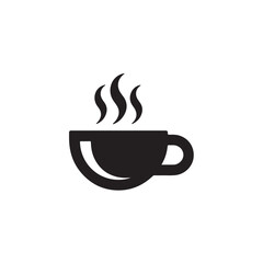 Steaming Coffee Cup in Simple Flat Design with Black Silhouette on White Background for Branding