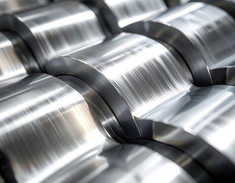 Close-up of highly polished, curved metal industrial rollers reflecting bright light.