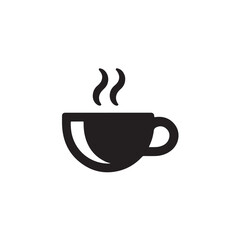 Steaming Coffee Cup in Simple Flat Design with Black Silhouette on White Background for Beverage Branding