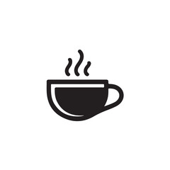 Steaming Coffee Cup in Simple Flat Design with Black Silhouette and White Background for Branding