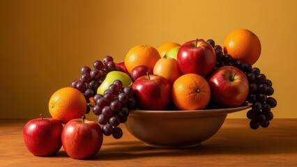 Variety of fresh fruits in a bowl on wooden table for healthy eating and nutrition