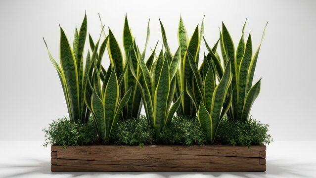 Plant in a wooden planter box on a white background