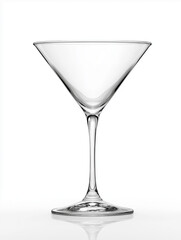 empty martini glass on a clean white background, clear transparent glass, subtle reflections and refractions, elegant curves, high-resolution product photography.