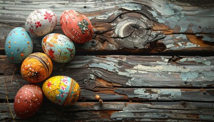 A collection of vibrantly decorated Easter eggs rests upon weathered, rustic wooden planks.