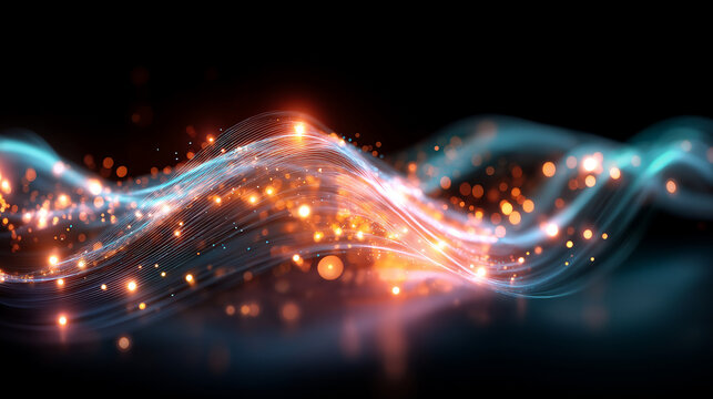 Glowing orange and blue particles flowing in wave patterns creating dynamic abstract background, energy visualization, data stream, tech and design project aesthetic, particle anim