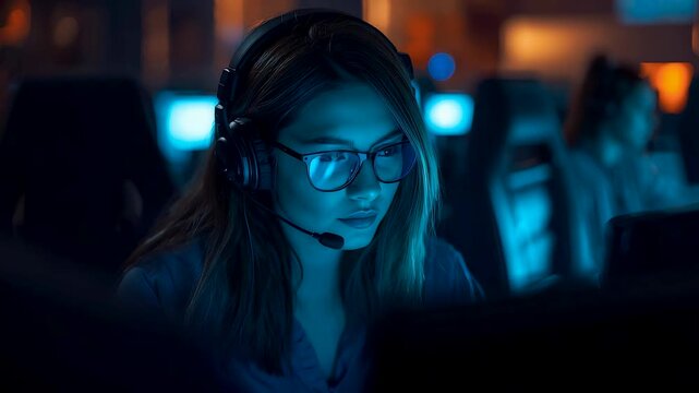 Focused female gamer wearing headset and glasses in dark room illuminated by blue screen light, showcasing esports concentration, technology and night play