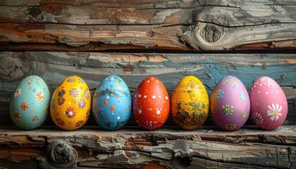A vibrant row of seven intricately decorated Easter eggs resting on rustic weathered wood.