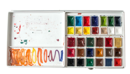 A close-up overhead shot displays a pristine, white, rectangular palette with colorful watercolor paints arranged inside, open and ready