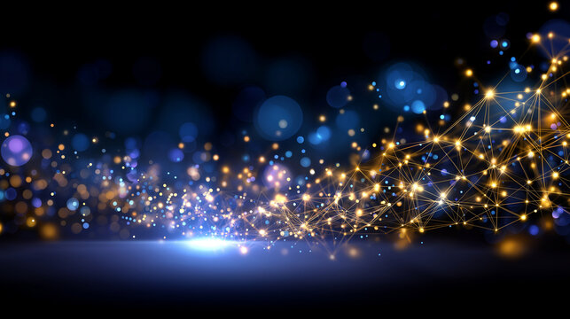 Abstract background with glowing blue and gold dots connected by lines creating network effect, technology visualization, interconnected nodes, data mesh, science presentation grap