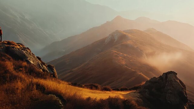 at mountaintop a man looking at sunshine horizon, hope dream and exploration symbolize background, gorgeous nature scenery