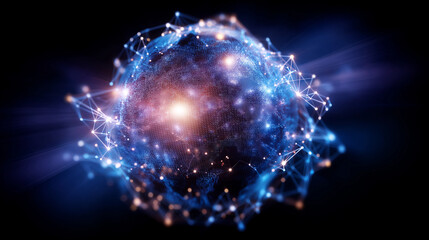 Glowing sphere of interconnected luminous lines and nodes, abstract network structure, digital connectivity visualization, data mesh concept, futuristic communication web on dark b